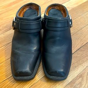 Frye harness moto mules/booties.